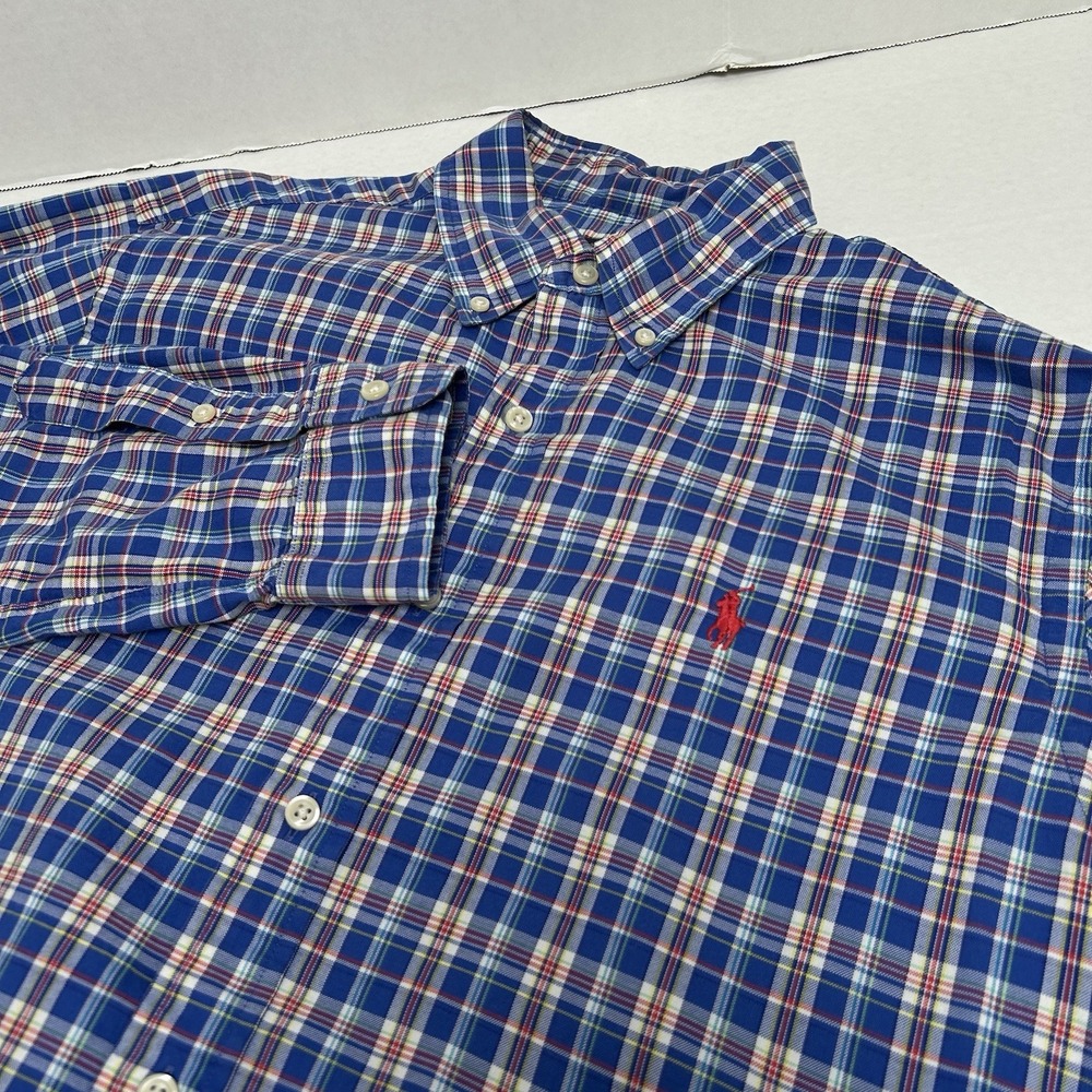 Ralph Lauren Blue Plaid 100% Cotton Button Down Long Sleeved Shirt Size Large